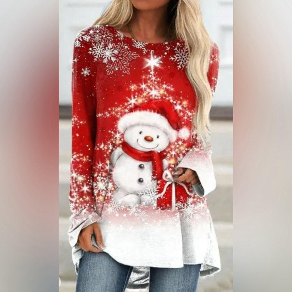 NEW Snowman Christmas Holiday Print Long Sleeve Round Neck Tunic Shirt 3X